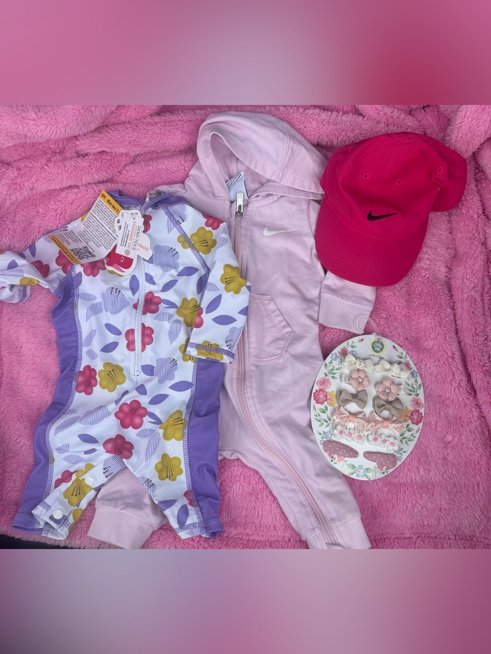 Nike Baby Pink Zip Hoodie, Floral Swim Pink, bows, & Nike Cap bundle